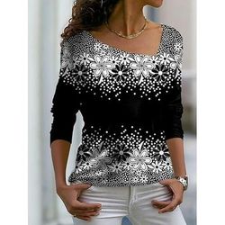 Maglietta donna manica lunga floreale grafica piante vintage elegante basic maniche lunghe scollo a V spalle scoperte top regolari weekend stampa asimmetrica nera primavera autunno inverno preautunno
