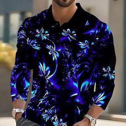 Per uomo Piante Fluorescente Polo Manica Lunga Magliette polo Bavero Casual Streetwear Athleisure Abbigliamento quotidiano Stampa 3D Bottoni Primavera Autunno Inverno Blu Viola Verde