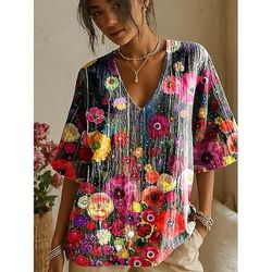 Maglietta 3D Donna Stampata Boho Grafica Piante Elegante Bohemia Vintage Maniche Corte Collo Rotondo Top Regolari Quotidiani Uscita Weekend Nero Giallo Rosa Viola Rosa Pinks Estate Primavera