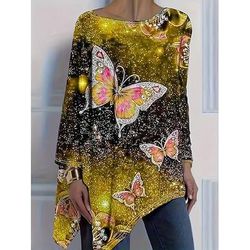 Per donna Maglietta Stampato Asimmetrico Grafico Geometrico Farfalla Vintage Elegante Casual Manica Lunga Girocollo Top lunghi Quotidiano Giallo Viola Verde Primavera Autunno