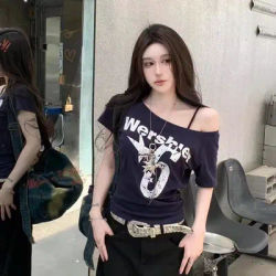 T-shirt blanc à manches courtes et épaules dénudées pour femme, coupe cintrée, imprimé, polyvalent, nouveau haut, tendance, été
