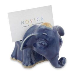 Celadon ceramic business card holder, 'Joyful Blue Elephant'