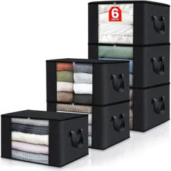 Large Black Storage Bags with Zippers Lids Foldable Organizers for Bedding Thick Fabric Carrying Handles Home Organization
