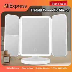 Three Folding Makeup Mirror Led Fill Light Magnified Mirror USB Rechargeable 3 Gears Light Color Rotating Storage Vanity Mirror