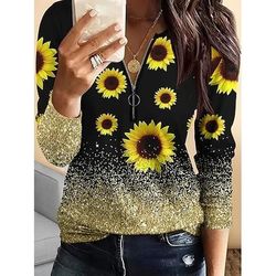 Per donna Maglietta Floreale Grafico Piante Vintage Moda Elegante Manica Lunga Girocollo Top Regolari Quotidiano Cerniera Stampato Bianco Giallo Blu Primavera Autunno Inverno