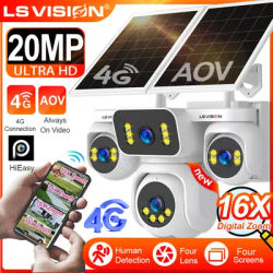 LS VISION AOV 4G LTE Solar Camera 20MP Four Lens 16X Zoom Outdoor Security Camera 24/7 AOV Recording Auto Tracking Human Motion