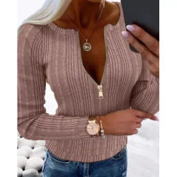 Chemisier à manches longues zippé pour femme – Hauts chics avec fermeture éclair sur le devant, hauts élégants semi-transparents pour tenues formelles décontractées, lavage en machine facile à