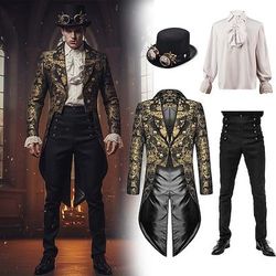 set con frac steampunk pantaloni a vita alta cappello a cilindro con occhiali retrò vintage medievale cappotto giacca tuta sportiva pantaloni a gamba dritta abiti da vampiro costume cosplay da uomo