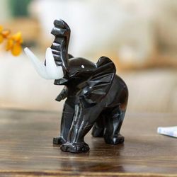 'Black Elephant-Themed Hand-Carved Marble Accent Sculpture'
