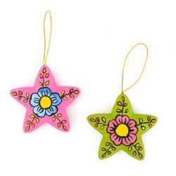 '2 Colorful Ceramic Star-Shaped Floral Christmas Ornaments'