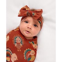 Grateful Gobbles Swaddle & Luxe Baby Girl Soft & Stretchy Bamboo Bow Headbands Set - OSFA