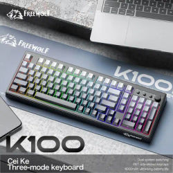 FREEWOLF k100 three-mode silent gaming keyboard, gradient side engraving, RGB lighting, suitable for PC and laptop WIN/MAC