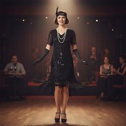 Set Anni Ruggenti Anni 1920 Lunghezza al ginocchio Abito Flapper Abito da cocktail Costume di fantasia con accessori Maniche corte Il grande Gatsby Ragazza Flapper Paillettes Frangia con nappe Scollo
