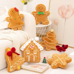 Décorations de Noël 35 cm ​ ​ ​ Oreiller en peluche de noël, bonhomme en pain d'épice, cloche de chalet de noël, jouets doux, Adorable coussin, cadeau