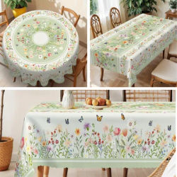 1 pièce, petite nappe à fleurs de style frais vert clair + 4 pièces auto-adhésives, impression de fleurs et de papillons, nappe ronde et rectangulaire, bord en relief, adaptée à la décoration de la
