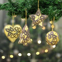 Holiday Joy,'Golden-Toned 4-Piece Hand-Beaded Christmas Ornament Set'