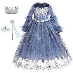 Abito da principessa Elsa di Frozen per Halloween, con paillettes floreali, per spettacoli e feste, blu, lungo, a maniche lunghe, stile principessa, dolce, autunno/inverno, vestibilità regolare, 4-12 anni