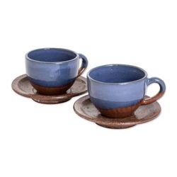 Earthy Appeal,'Blue and Brown Ceramic Cups and Saucers (Pair)'