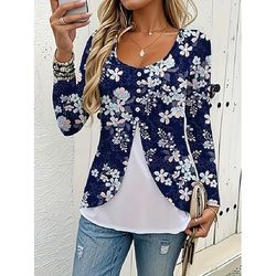 Per donna Maglietta Floreale Grafico Piante Vintage Elegante Classico Manica Lunga Girocollo Top Regolari Quotidiano Bottoni Stampato A Strati Blu marino Primavera Autunno Inverno