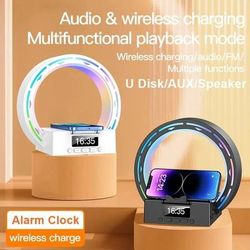 Desktop Bluetooth Speaker Alarm Clock With Night Light Wireless Charger USB AUX black