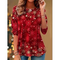 Maglia natalizia donna tunica fiocco di neve grafica vintage elegante classica maniche lunghe girocollo top regolari quotidiani stampa rosa rossa blu verde autunno inverno