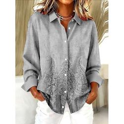 Per donna Camicia Blusa Patchwork Bottoni Stampato Grafico Geometrico Vintage Tropicale Elegante Manica Lunga Colletto a Camicia Top Regolari Quotidiano Blu Viola Verde Grigio Estate Primavera