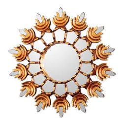 'Sun-Themed Bronze-Gilded Antique-Finished Wood Wall Mirror'