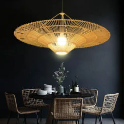 Lustre de plafond en rotin Wabi Sabi, pendentif lumineux en osier pour salon, Restaurant, salle à manger, lampe chapeau de paille faite à la main