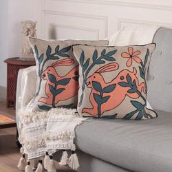 '2 Rabbit Nature-Themed Chain-Stitched Cotton Cushion Covers'