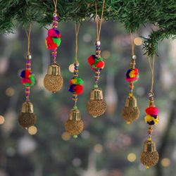 '6 Brass Mesh Beaded Christmas Ornaments with Pom-Poms'