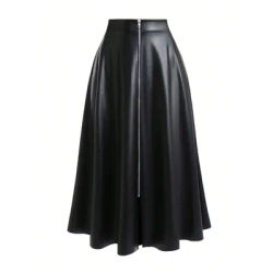 Nouvelle jupe en cuir noir grande taille pour femme ; jupe midi trapèze taille haute à la mode avec une balançoire complète