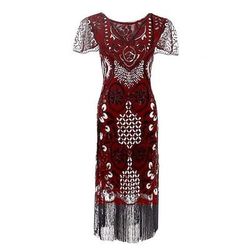 Anni Ruggenti Anni 1920 Midi Abito Flapper Maniche corte Il grande Gatsby Ragazza Flapper Paillettes Frange Tubino Colonna Scollo a V Costume Per donna Natale Carnevale speakeasy Mascherata Festa a