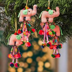 'Folk Art 4-Piece Cotton Blend Elephant Ornament Set in Peach'