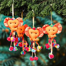 Autumn Ears,'Floral 4-Piece Orange Cotton Blend Elephant Ornament Set'