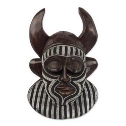 Kafo Horns,'Black and White Beaded African Wood Horn Wall Mask of Power'