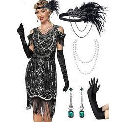 Set Anni Ruggenti Anni 1920 Lunghezza al ginocchio Vestito Abito Flapper Abiti con accessori Spalle scoperte Maniche corte Il grande Gatsby Charleston Paillettes Frangia con nappe Piuma Scollo a V