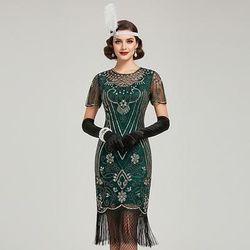 Set Anni Ruggenti Anni 1920 Lunghezza al ginocchio Lunghezza corta Abito Flapper Abiti Costume da festa con accessori Manica illusione Maniche corte Il grande Gatsby Invitato al matrimonio Paillettes