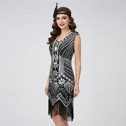 Set Anni Ruggenti Anni 1920 Lunghezza al ginocchio Lunghezza corta Vestito Abito Flapper Abiti con accessori Senza maniche Il grande Gatsby Invitato al matrimonio Paillettes Frangia con nappe