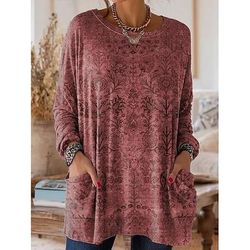 Per donna Maglietta Floreale Grafico Piante Vintage Moda Elegante Manica Lunga Girocollo Top Regolari Quotidiano Uscire Weekend Tasca Stampato Blu Rosso Viola Verde Cachi Primavera Autunno Inverno