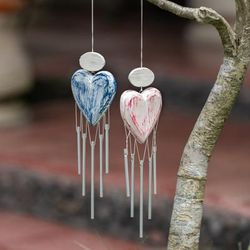 '2 Shabby Chic Hand-Carved and Painted Wood Heart Wind Chimes'