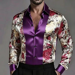 Chemise à la mode pour hommes, coupe cintrée, avec motif de fleurs rayé en satin contrasté, haut décontracté élégant et confortable de haute qualité