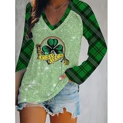 Festa di San Patrizio Per donna Maglietta Grafico Piante Elegante Classico Casual Manica Lunga Scollo a V Top Regolari Quotidiano Uscire Weekend Stampato Bianco Verde scuro Verde Estate Primavera