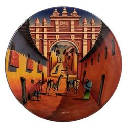 'Hand-Painted Ceramic Decorative Plate with Andean City Motif'