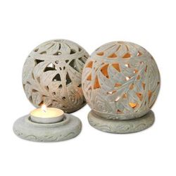 'Tea Roses' - Natural Soapstone Candle Holder Hand Made Jali Pair Set