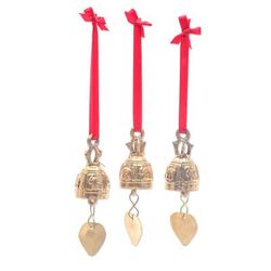Elephant Chant,'Set of 3 Brass Bell Ornaments with Elephants and Red Ribbons'