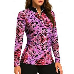 Per donna Piante Tropicale Motivo Floreale Top Polo da golf Maglia da tennis Manica Lunga Stampato Zip a un quarto Pullover UPF50 Protezione UV Elastico Traspirante Tennis Golf Corsa Collo alla