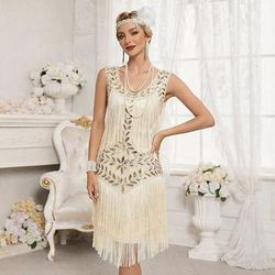 Anni Ruggenti Anni 1920 Lunghezza al ginocchio Vestito Nozze Addio al celibato Senza maniche Il grande Gatsby Charleston Invitato al matrimonio Paillettes Frangia con nappe Scollo Tondo Costume Per