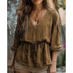 Per donna Maglietta Patchwork Tinta unica Elegante Vintage Moda Manica Lunga Scollo a V Top Regolari Quotidiano Uscire Weekend Blu Nero Marrone chiaro Rosa Primavera Autunno