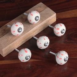 'Floral Hand-Painted Beige and Red 6-Piece Ceramic Knob Set'
