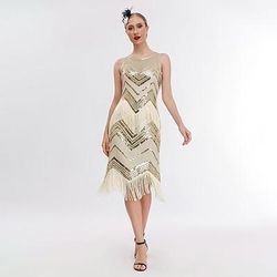 Anni Ruggenti Anni 1920 Lunghezza al ginocchio Nozze Addio al celibato Abito Flapper Senza maniche Il grande Gatsby Invitato al matrimonio Paillettes Paillettes Scollo Tondo Costume Per donna
